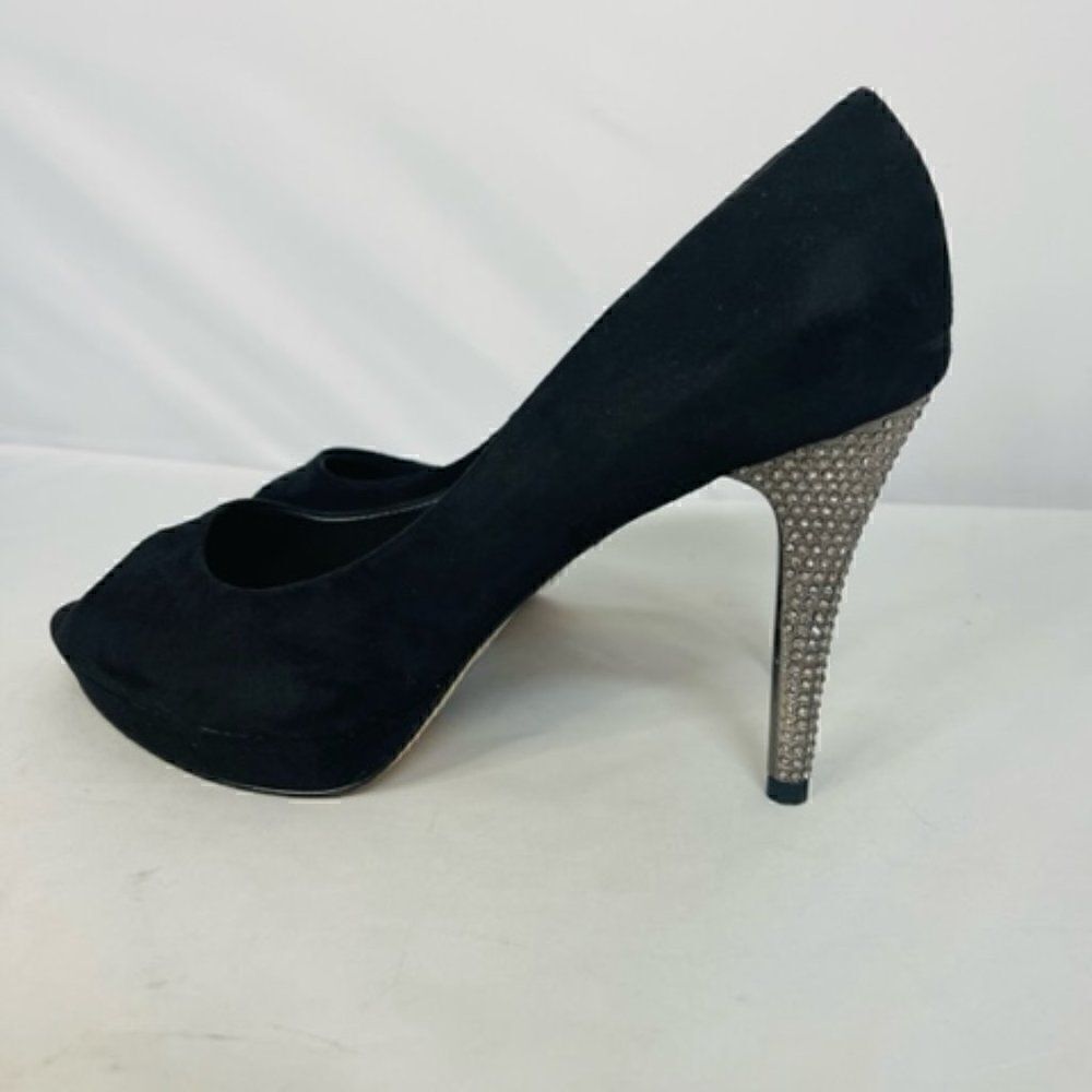 Nina "Faiza - FY" Women's 8.5 True Black Suede Embellished Peep Toe Trendy Heels